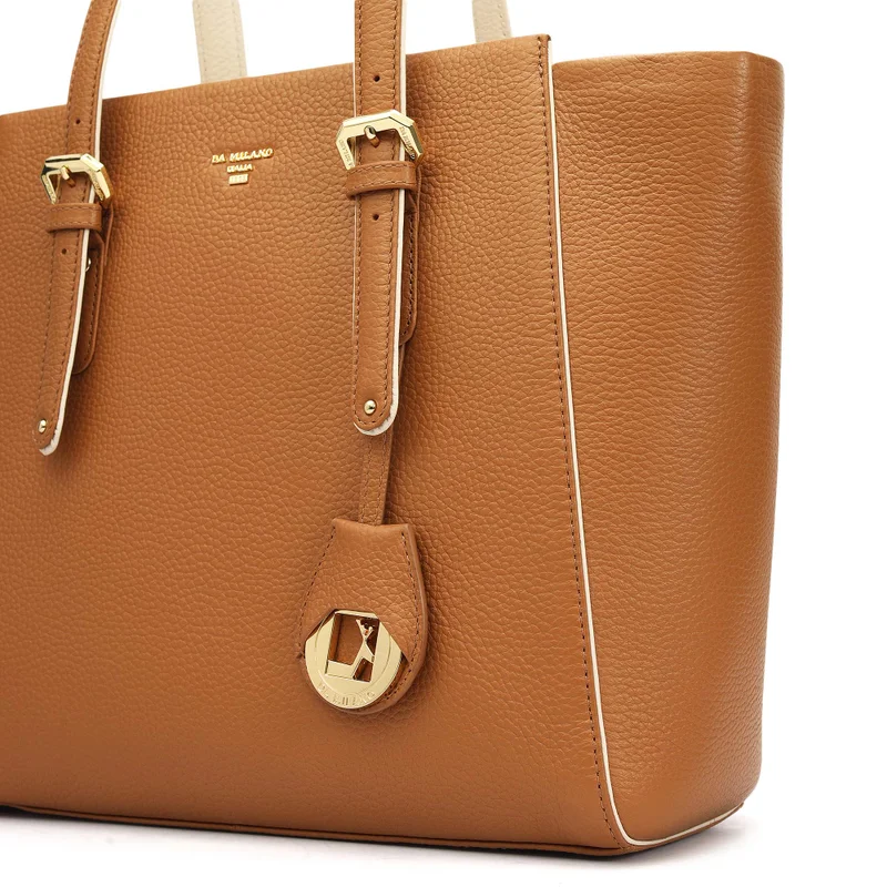 Da Milano Caramel Medium Wax Leather Tote - Caramel for Women | Best Price UAE